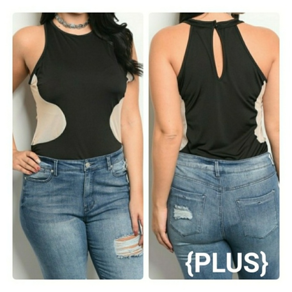 [Last 2] LAST DAY Black Bodysuit Tan Mesh